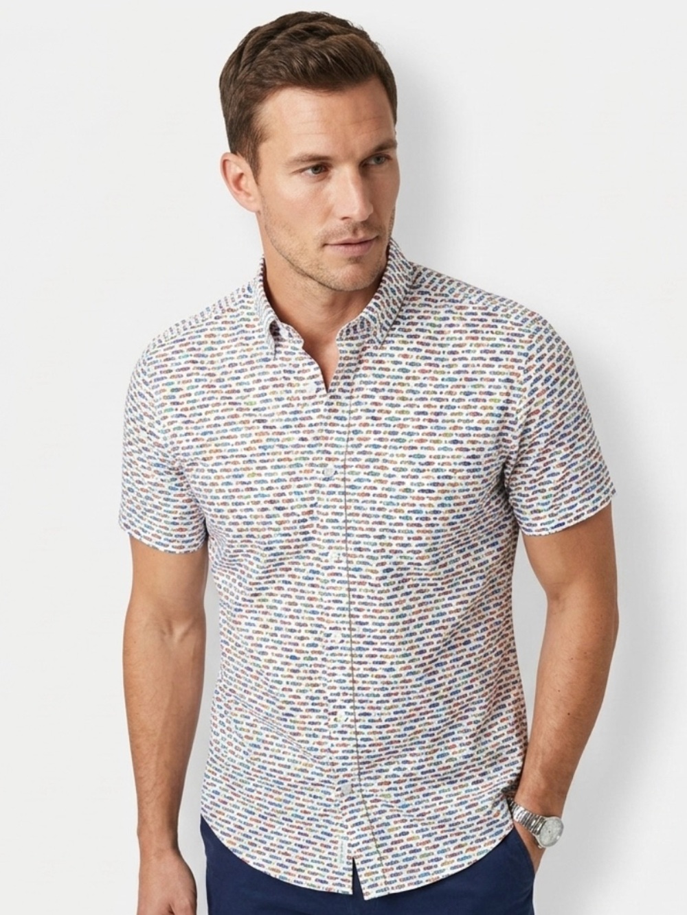 Denim & Flower Ricky Singh Fish Print Button Up Shirt Men’s  M Coastal Beach